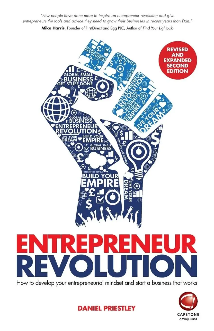 Book cover of "entrepreneur revolution" by daniel priestley featuring a blue thumbs-up graphic made of business-related words and icons.