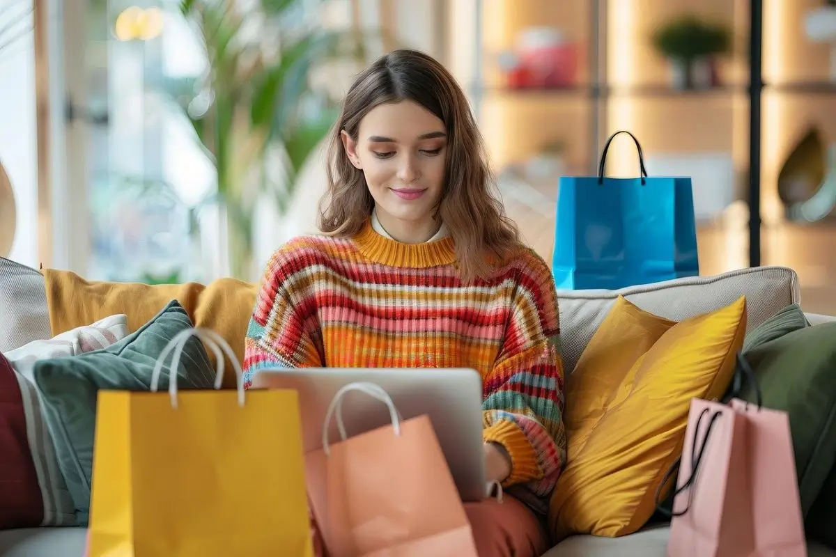 Young woman shopping online on her laptop, surrounded by colourful shopping bags, sitting on a sofa in a brightly lit room.