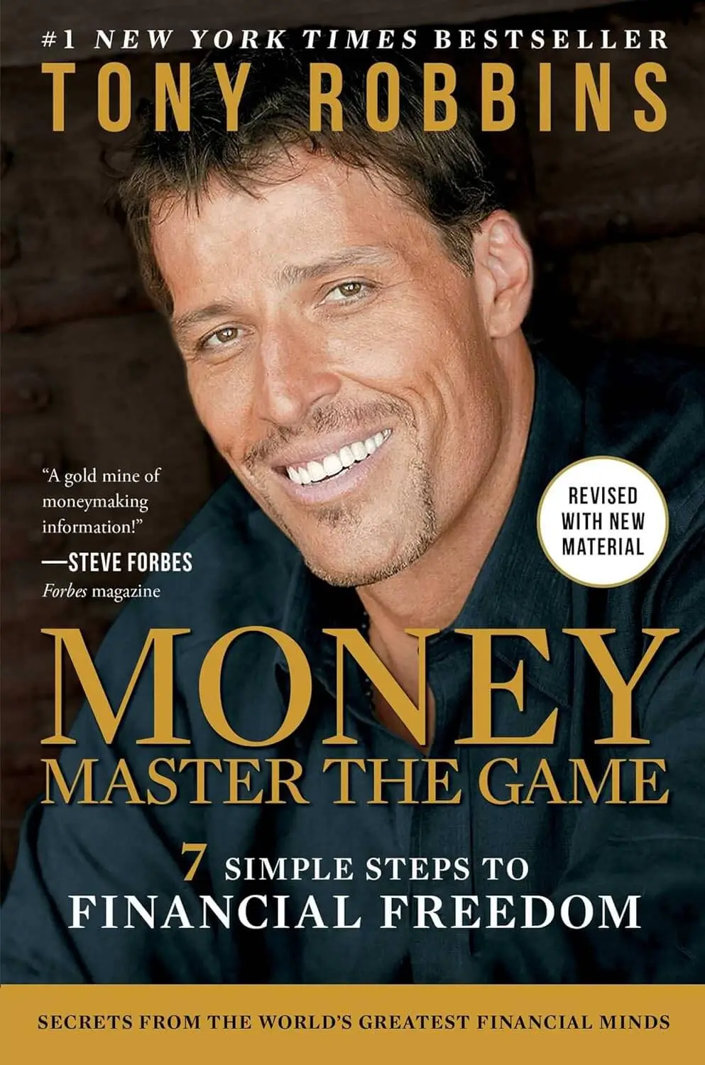 Cover of tony robbins' book "money: master the game" featuring a close-up portrait of tony robbins smiling, with text and critical acclaim overlay.