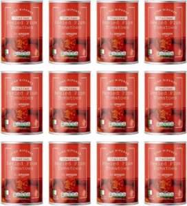 Multiple cans of peeled plum tomatoes by amazon displayed in a grid pattern.