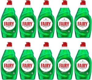 Twelve bottles of fairy brand green dish soap arranged in four rows of three, all facing forward with red caps.