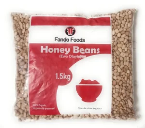 A package of fando foods honey beans (ewa oloyin), 1.5kg, with visible beans through the clear packaging area.