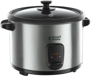 Stainless steel russell hobbs slow cooker with glass lid, control knob, and indicator lights.