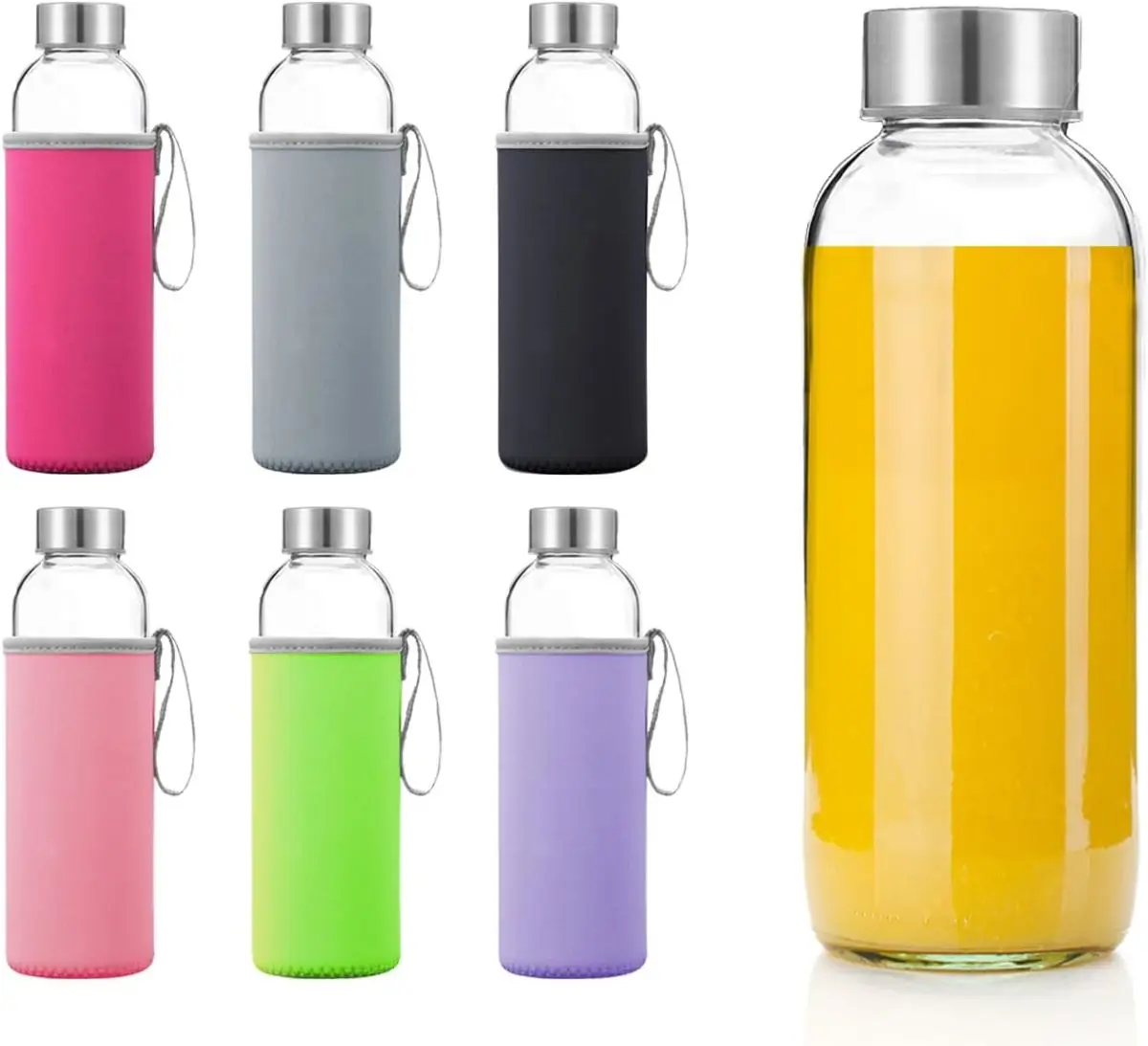 Six reusable water bottles in various colors alongside a large jar filled with orange juice, isolated on a white background.